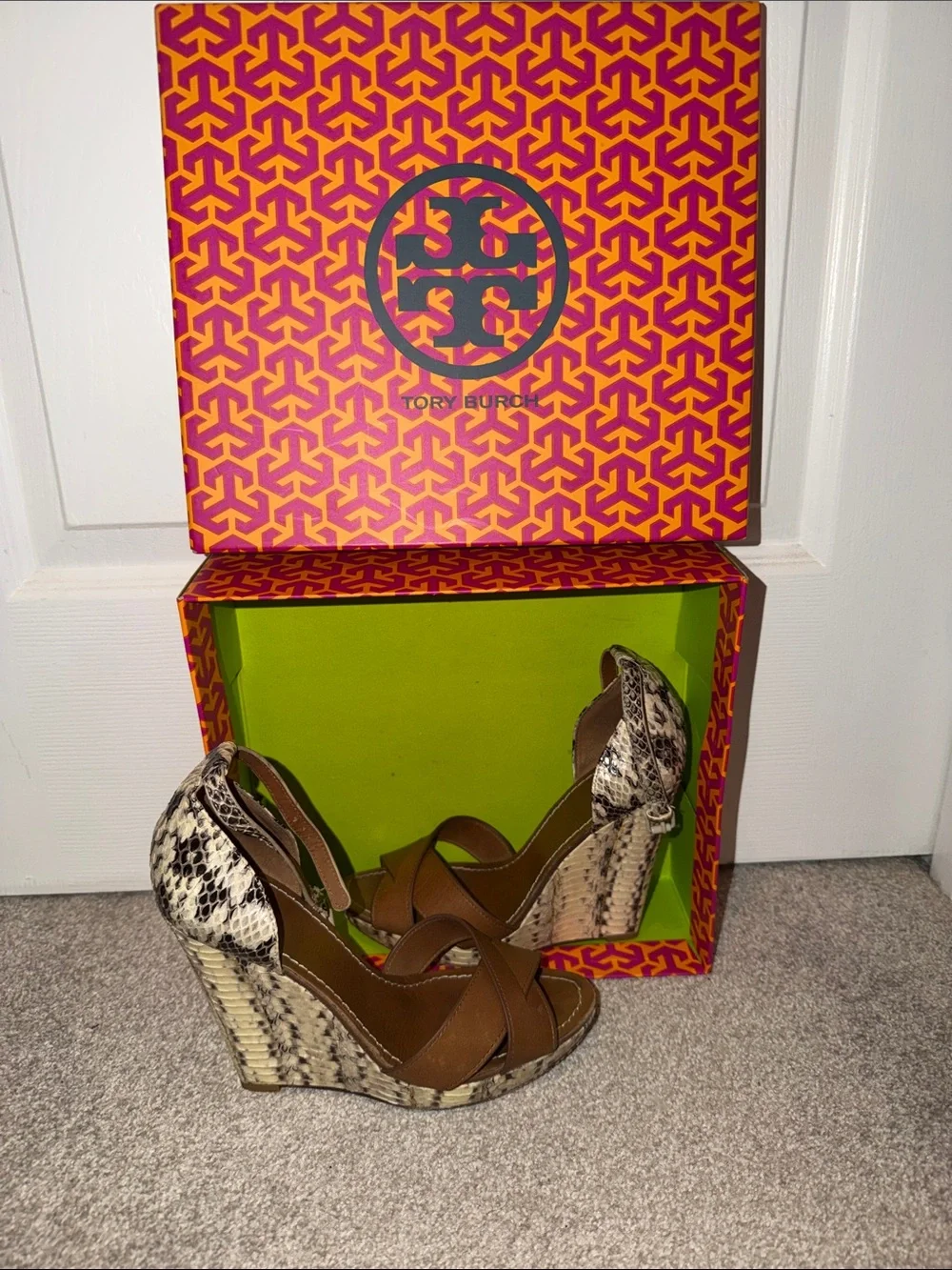 Tory Burch Brown Leather Wedges with Snake-Print Accents